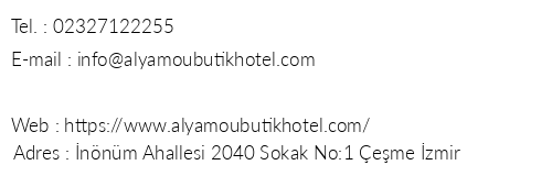 Alya Mou Butik Hotel telefon numaralar, faks, e-mail, posta adresi ve iletiim bilgileri